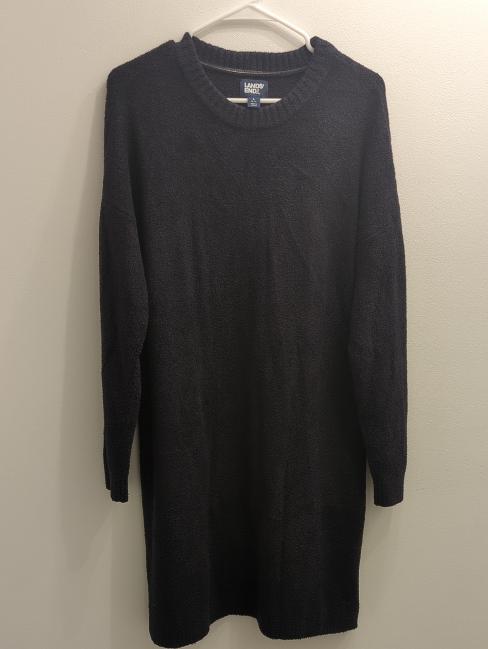 Lands' End Women's Black Crewneck Sweater Dress, Size L (14-16)